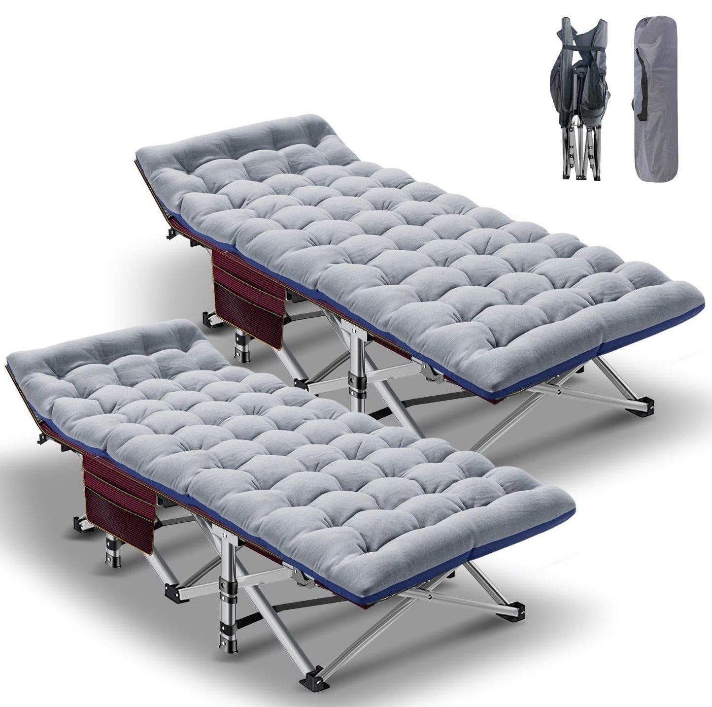 MOPHOTO Folding Camping Cot, Folding Cot for Adults Portable Heavy Duty Sleeping Cots, with Gray Mattress & Carrying Bag, 2pk