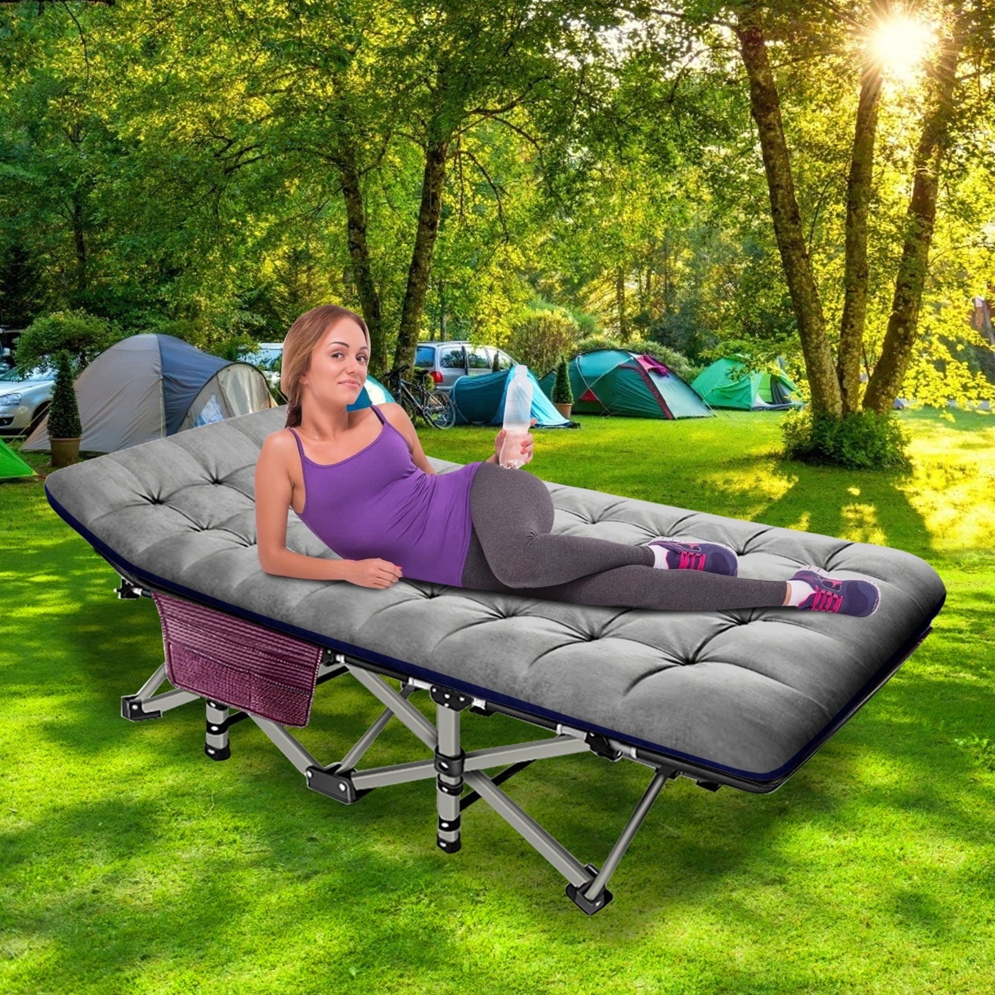 MOPHOTO Folding Camping Cot, Portable Heavy Duty Sleeping Cots Outdoor Folding Bed with Gray Mattress, 75' x 28'