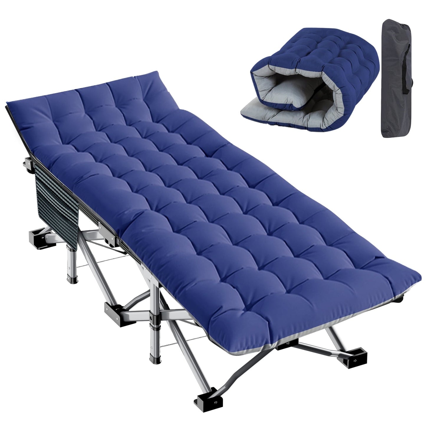 MOPHOTO Folding Camping Cot for Adult 880 bls, Protable Folding Bed with Carry Bag, Adult Sleeping Bed with Blue Cotton Pad, Home Office Beach
