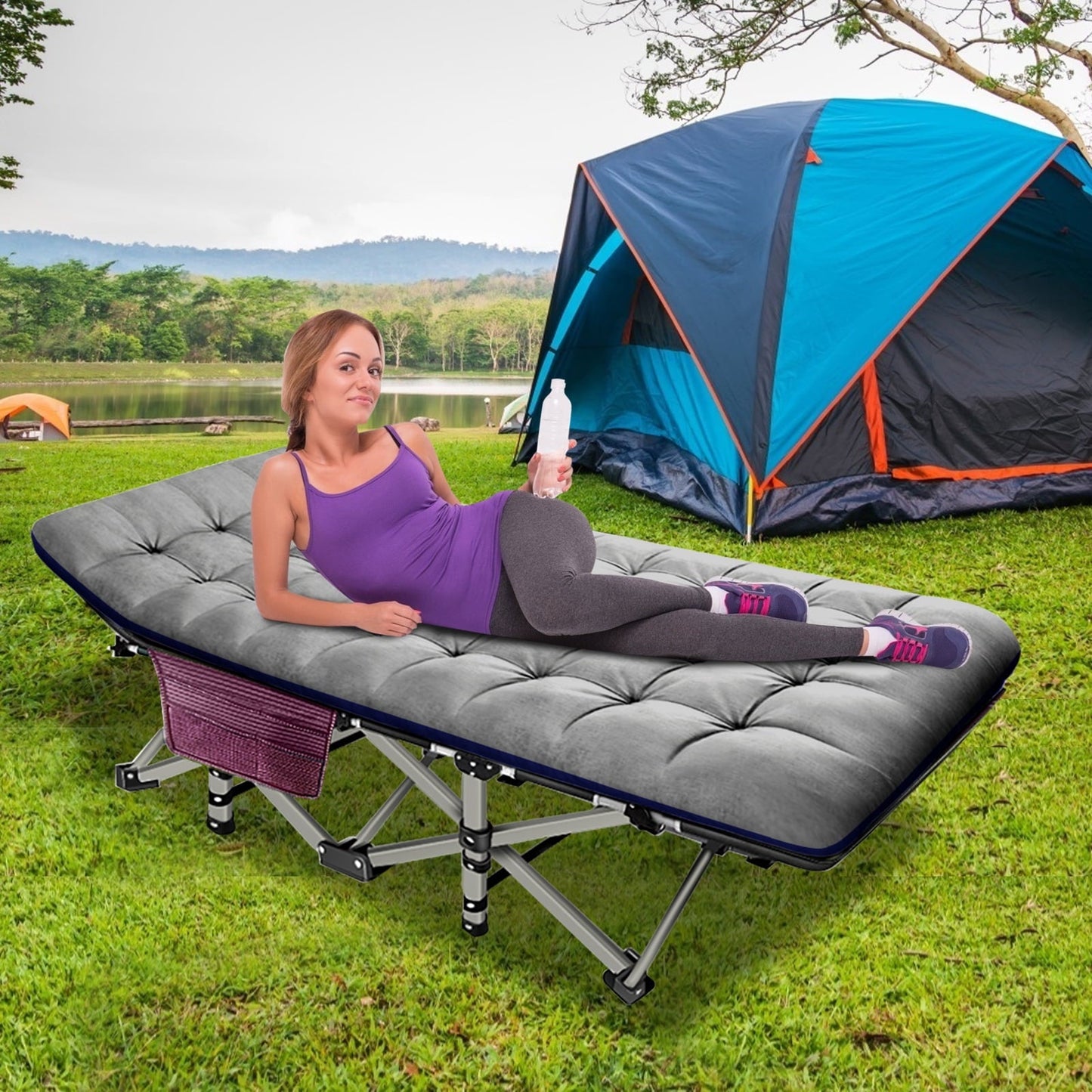 MOPHOTO Folding Camping Cots for Adults 880lbs, 28' Wide Sturdy Portable Sleeping Bed, Folding Cot with Gray Mattress