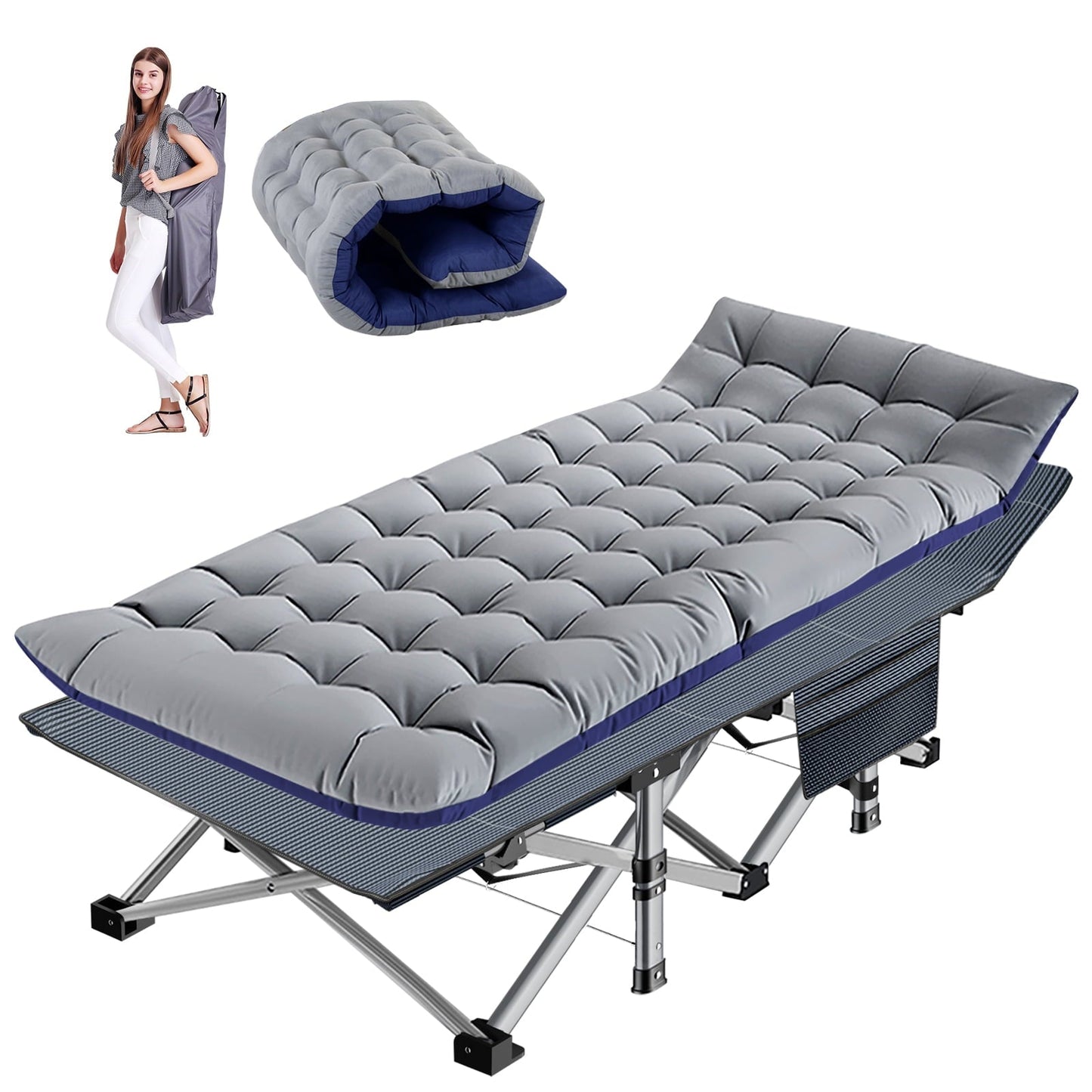 MOPHOTO Portable Adult Camping Cot, Double Layer 1200D Folding Bed, Heavy Duty Sleeping Cots, Quick Folding, Perfect for Camp, Beach, Patio (Pad&Carrying Bag)
