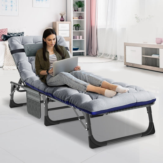 NAIZEA 75' Portable Camping Cot, 4-Position Adjustable Folding Bed, Lounge Chair with Mattress and Pillow, Gray