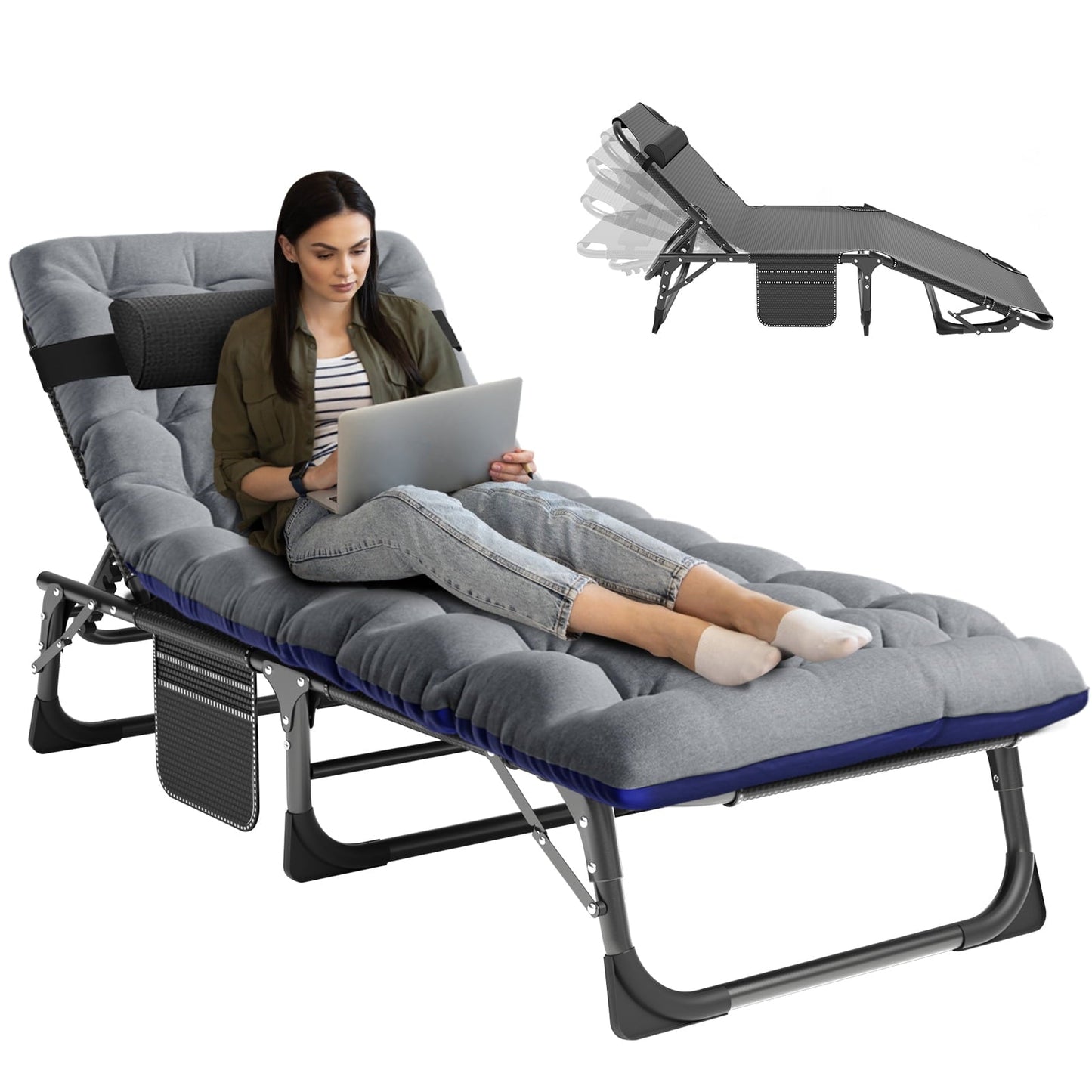 NAIZEA Folding Camping Cot for Adult, Adjustable 4-Position Folding Cot, Portable Sleeping Bed, Patio Lounge Chair