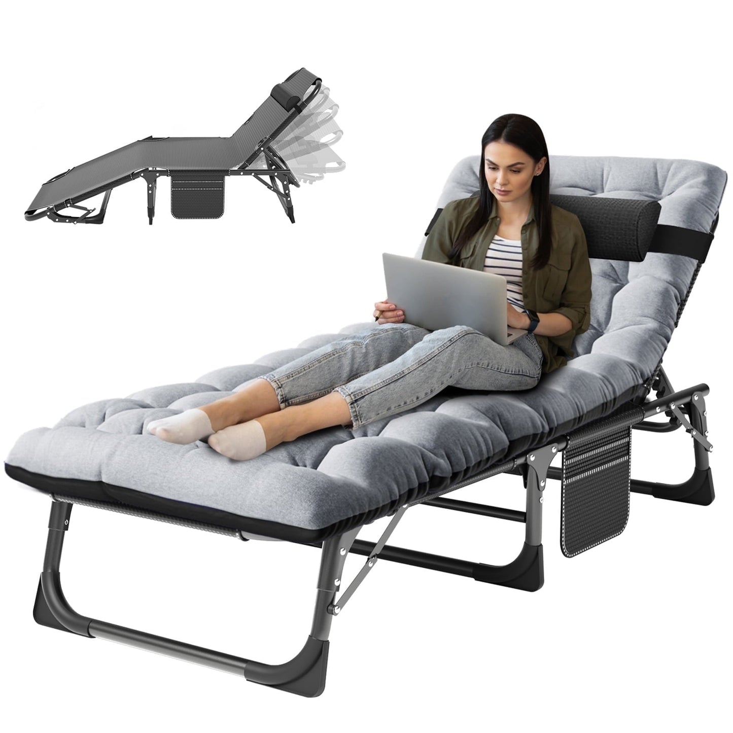 NAIZEA Portable Folding Camping Cot, 4-Position Adjustable Camping Cot Bed, Heavy Duty Sleeping Bed, Outdoor Folding Lounge Chair with Mattress