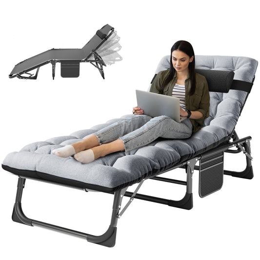 NAIZEA Portable Folding Camping Cot, 4-Position Adjustable Camping Cot Bed, Heavy Duty Sleeping Bed, Outdoor Folding Lounge Chair with Mattress