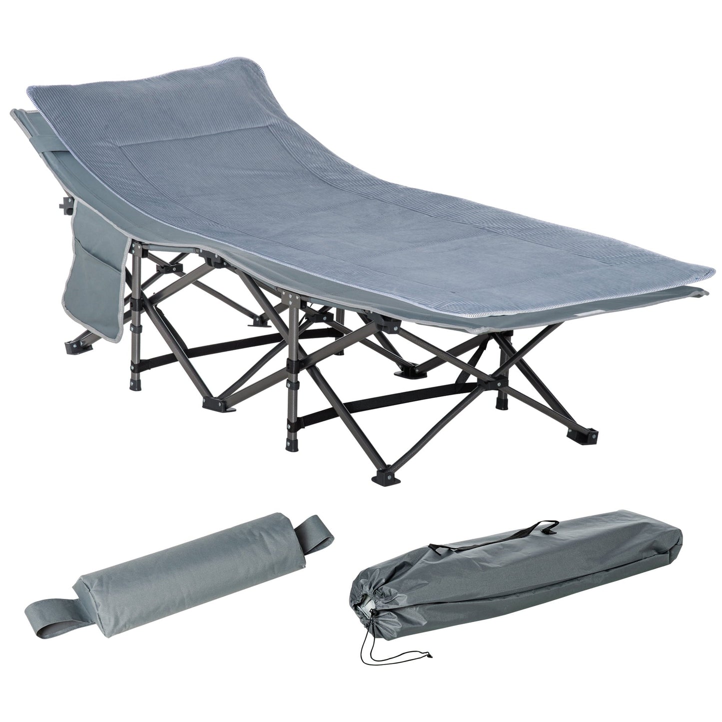 Outsunny Folding Camping Cot, Double Layer Heavy Duty Sleeping Cot with Carry Bag, Headrest, 2-Sided Reversible Mattress, Portable & Lightweight Cot Bed, Gray