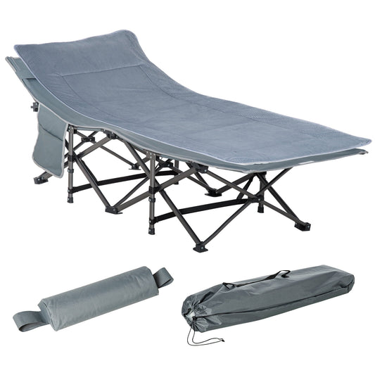Outsunny Folding Camping Cot, Double Layer Heavy Duty Sleeping Cot with Carry Bag, Headrest, 2-Sided Reversible Mattress, Portable & Lightweight Cot Bed, Gray