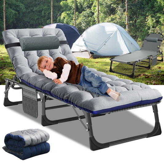 Portable Folding Camping Cot Bed, Adjustable 4-Position Adults Reclining Folding Chaise with Pillow, Outdoor Portable Folding Lounge Chair Sleeping Cots for Camping, Pool, Beach, Patio