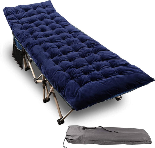 REDCAMP Folding Camping Cots for Adults with Mattress Pad, Heavy Duty Sleeping Cot Bed for Outdoor Indoor Office, Blue Set