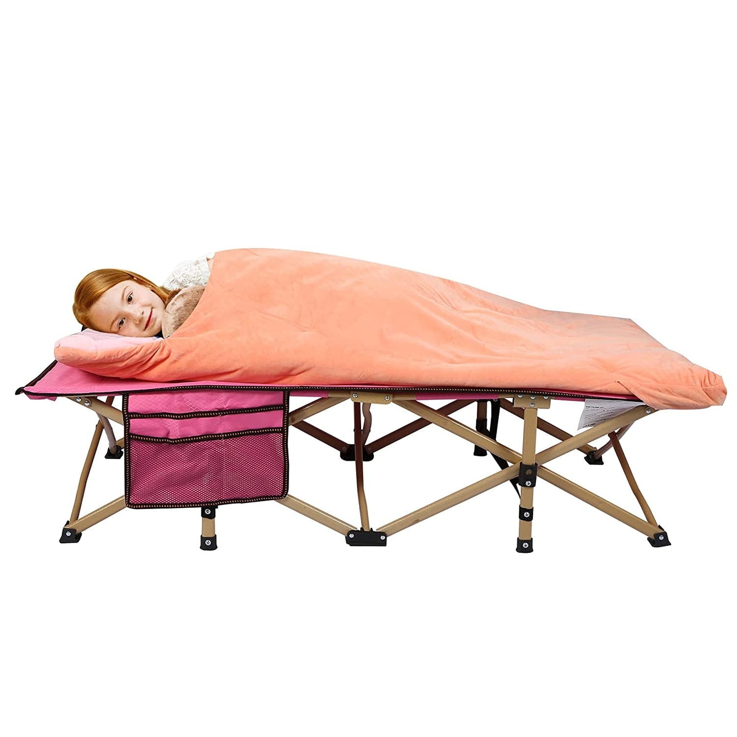 REDCAMP Folding Kids Cot with Removable Sleeping Bag, Portable Toddler Sleeping Cot Child Travel Cot Bed, Pink