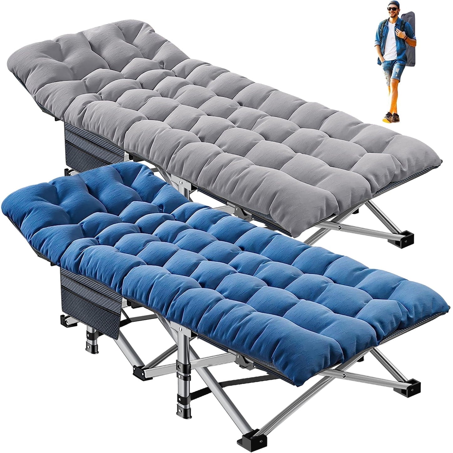 Slsy 2 Pack Folding Bed Cot with 3.3 Inch 2 Sided Mattress, 900lb Loading Double-Layer 1200D Folding Camping Cots with Carry Bag, Portable Sleeping Cot Guest Bed