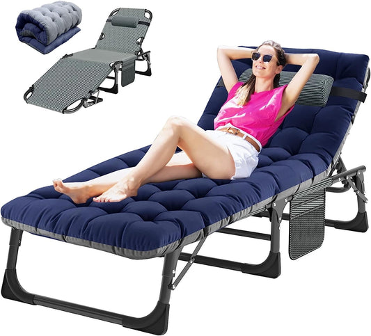 Slsy Folding Camping Cot with 2 Sided Cushion & Headrest for Adults & Kids, Adjustable 5-Position Folding Lounge Chair, Folding Sleeping Cots Guest Bed