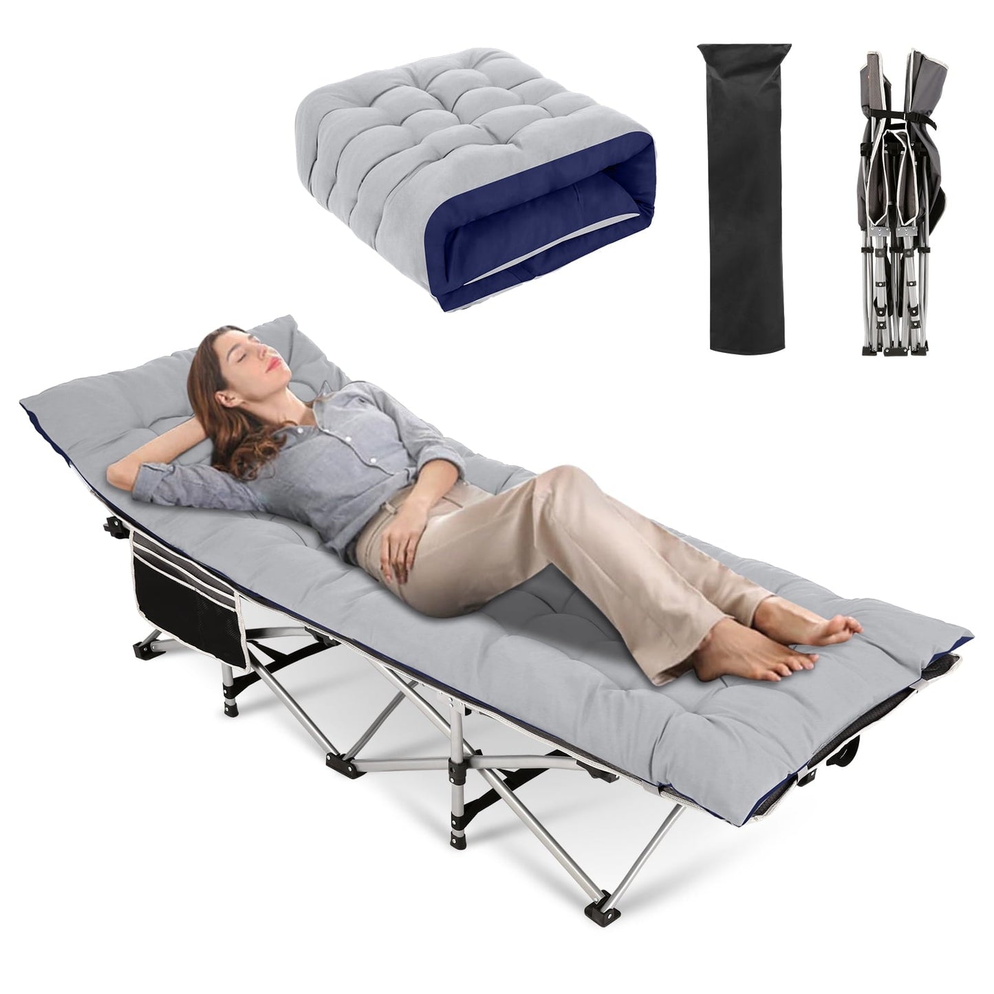 Veeboto Folding Camping Cot, Portable Camping Cots for Adults & Kids 900 LBS Heavy Duty Double Layer Oxford Sleeping Cot for Camp/Office/Home(Grey)