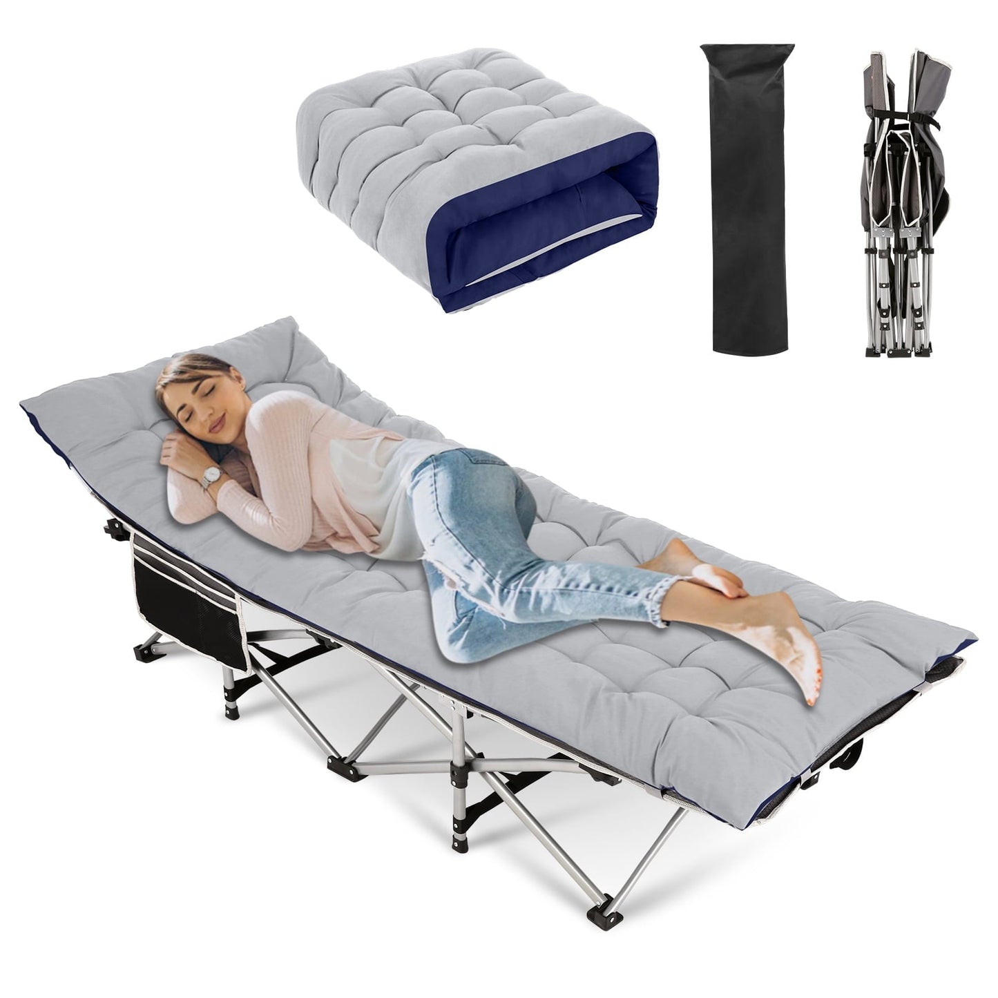 Veeboto Portable Folding Bed for Adults, Rollaway Guest Bed Sleeping Cot with 3 Inch 2-Sided Mattress, 900 lbs Heavy-Duty Outdoor Camping Cot with Carry Bag, Gray