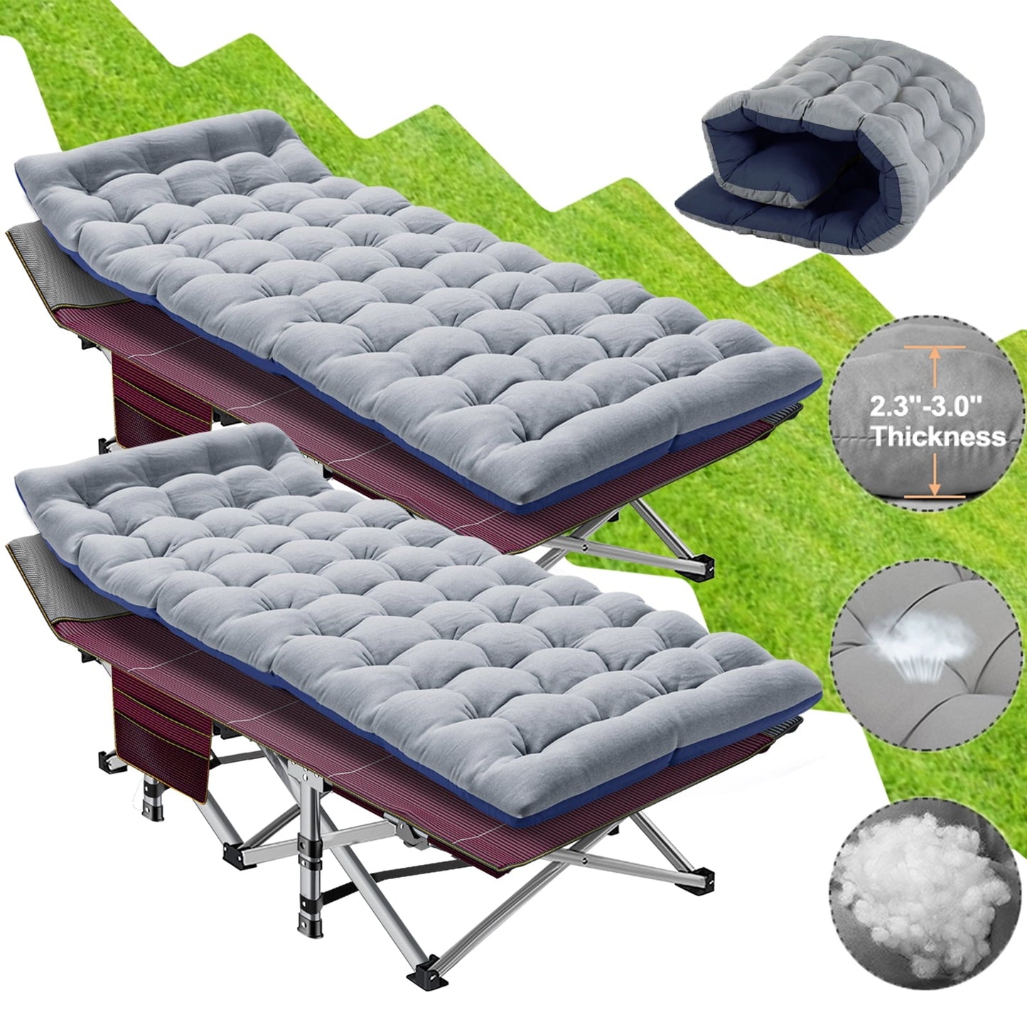 Lilypelle 75' Adult Folding Bed Camping Cots with Navy Blue Mat,2 Pack