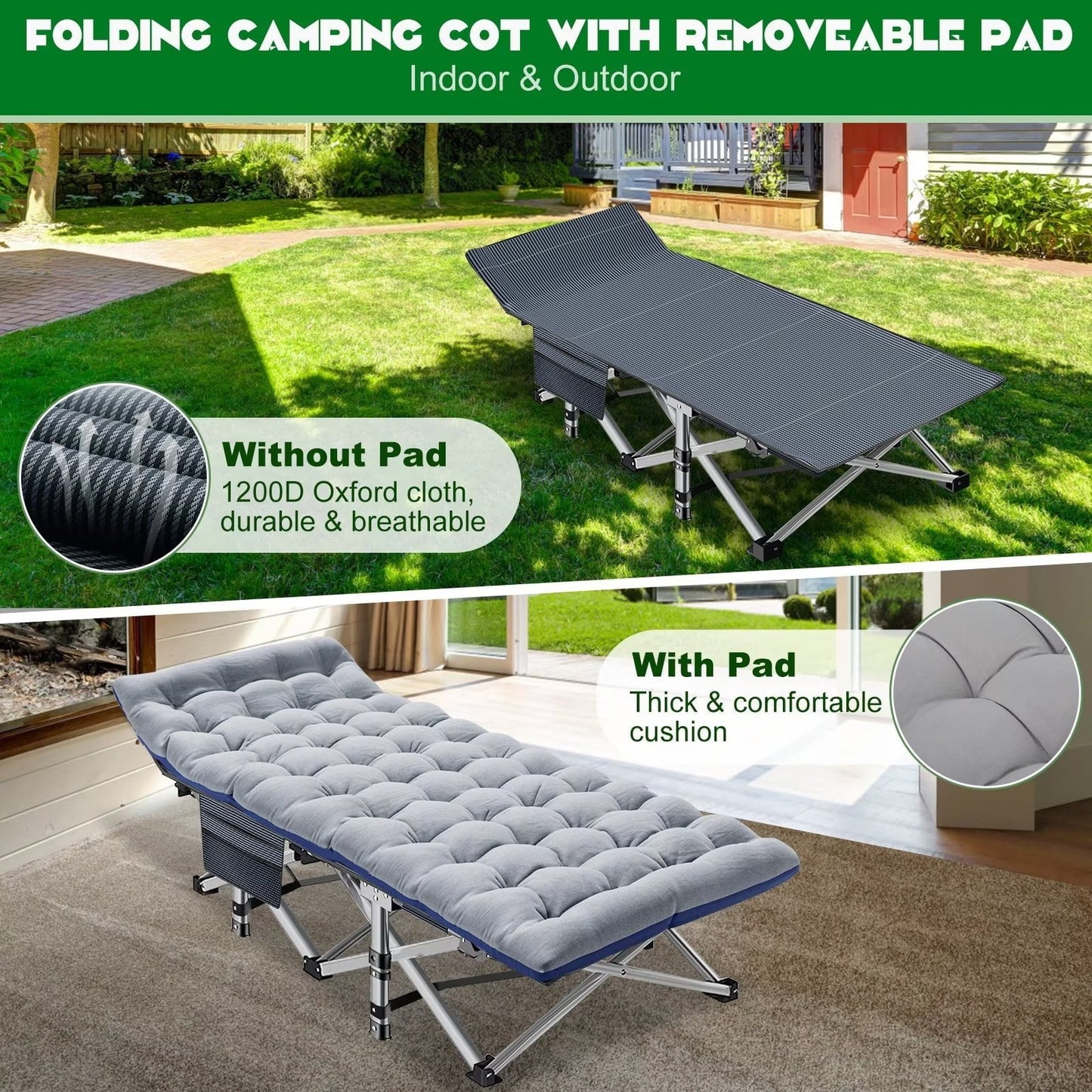 MOPHOTO Oversized 78'*32' Portable Folding Bed for Adults, Heavy Duty Outdoor Camping Cot with with Mattress, Rollaway Guest Bed Sleeping Cot with Carry Bag, Support 900 bls