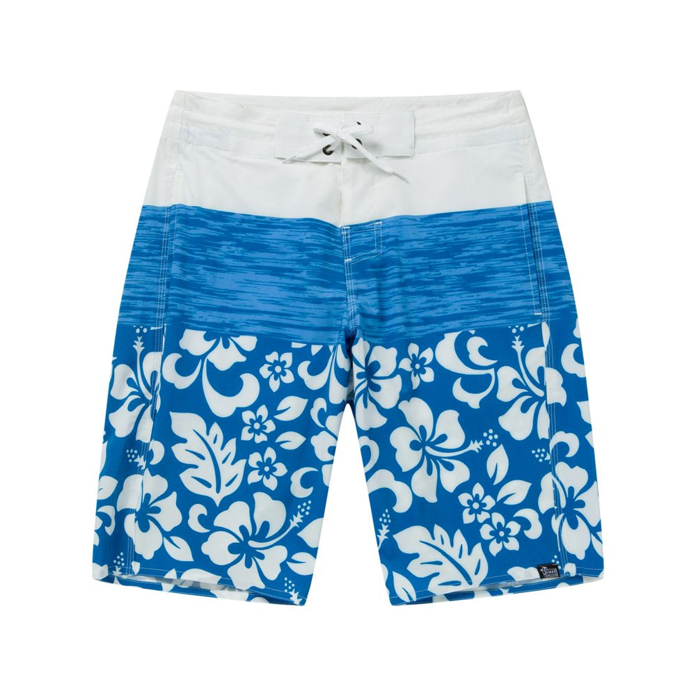 Men'S Spandex Hawaiian Beach Board Shorts with Zipped Pocket in Classic Hibiscus Print in Blue 38