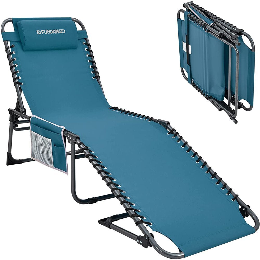 FUNDANGO Camping Chair Outdoor, Folding Chaise Lounge Chair for Beach Pool, Adjustable Reclining Chair with Pillow, Supports 265Lbs, Cyan