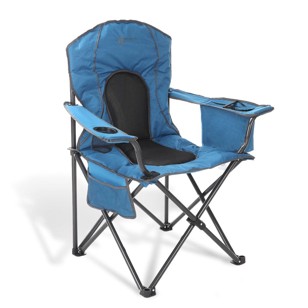 ARROWHEAD OUTDOOR Portable Folding Camping Quad Chair W/ 4-Can Cooler, Cup-Holder, Heavy-Duty Carrying Bag W Easy Carry Shoulder Strap, Padded Armrests, Supports up to 330Lbs, Usa-Based Support (Blue)