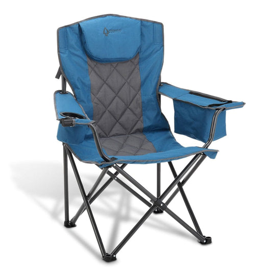 ARROWHEAD OUTDOOR Portable Folding Camping Quad Chair W/ 6-Can Cooler, Cup & Wine Glass Holders, Heavy-Duty Carrying Bag, Padded Armrests, Headrest, Supports up to 450Lbs, Usa-Based Support (Blue)