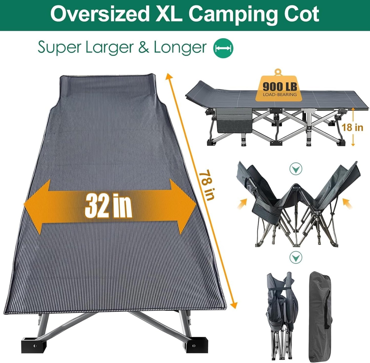 Slsy 2 Pack Oversized XXL Folding Bed Cot with 3.3 Inch 2 Sided Mattress, 32'' Wide 900lb Loading Double-Layer 1200D Folding Camping Cots with Carry Bag, Portable Sleeping Cot Guest Bed
