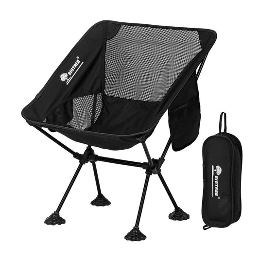 BIGTREE Folding Camping Chair Travel Seat Side Pocket Super Compact Light Fishing Picnic Black