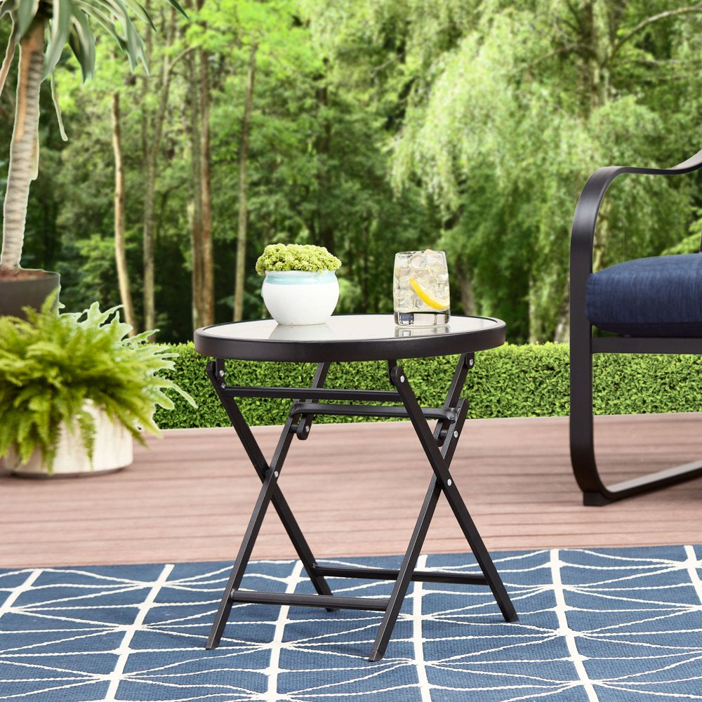 Mainstays Greyson 18” round Glass-Top Folding Side Table, Blue Medallion