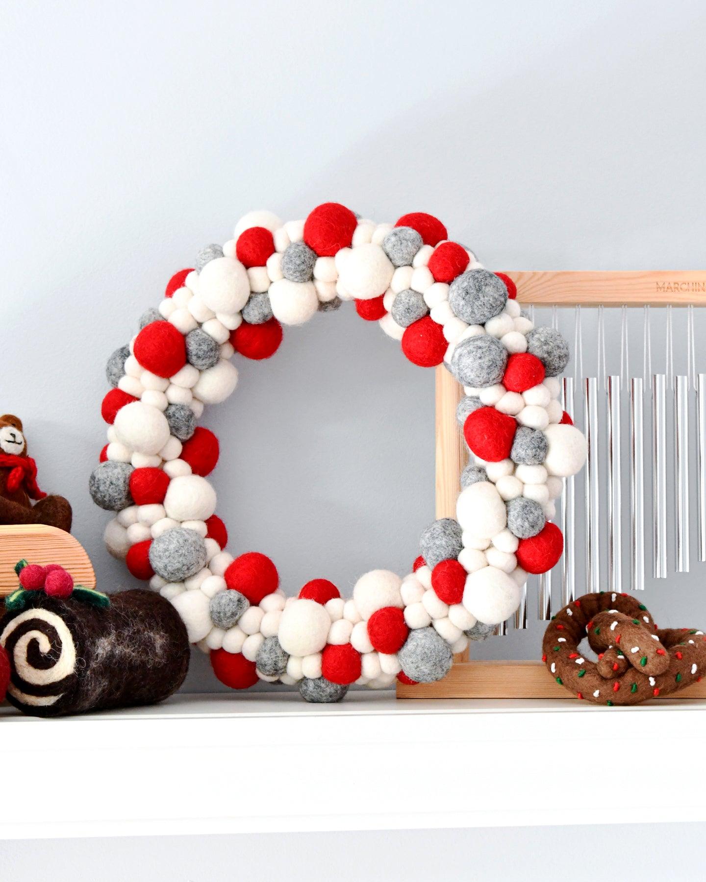 Felt Ball Wreath - Grey, White and Red