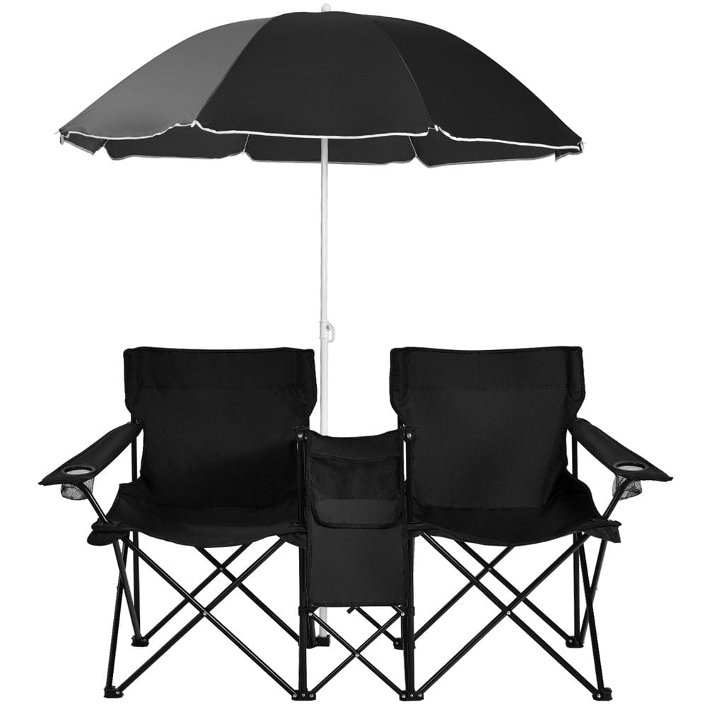 Costway Portable Folding Picnic Double Chair W/Umbrella Table Cooler Beach Camping Red