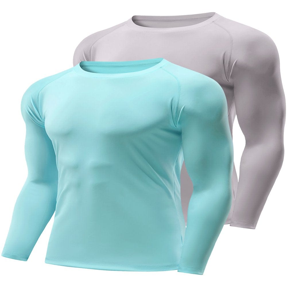 Crelity 2 Pack Men'S Quick Dry Lightweight UPF 50+ Long Sleeve Shirts Rash Guard Swim Shirts Hiking Shirts, Light Gray /Turquoise -M