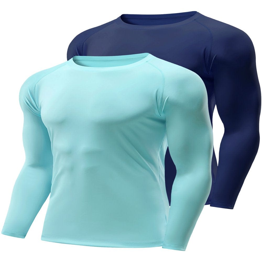 Crelity 2 Pack Men'S Quick Dry Lightweight UPF 50+ Long Sleeve Shirts Rash Guard Swim Shirts Hiking Shirts, Light Gray /Turquoise -M