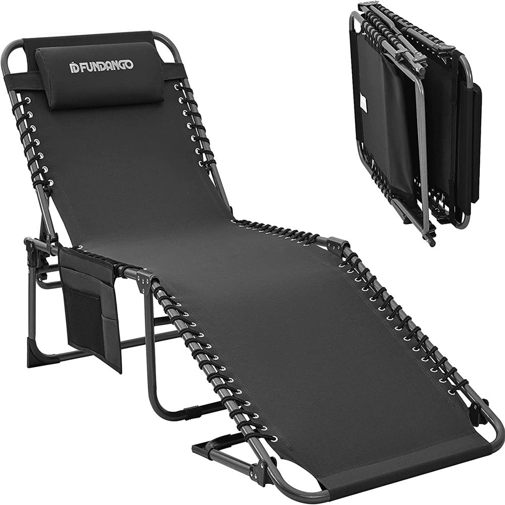 FUNDANGO Camping Chair Outdoor, Folding Chaise Lounge Chair for Beach Pool, Adjustable Reclining Chair with Pillow, Supports 265Lbs, Cyan