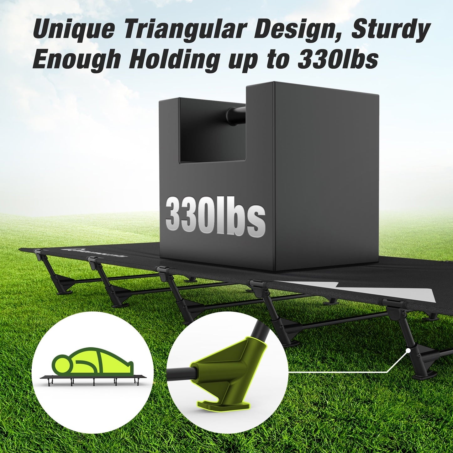 WARMOUNTS Compact Camping Cots 5 Stabilizers 330 lbs, 60-Sec Set 28' Wide Folding Camping Cot w/ Carry Bag for Hiking Climbing Backpacking