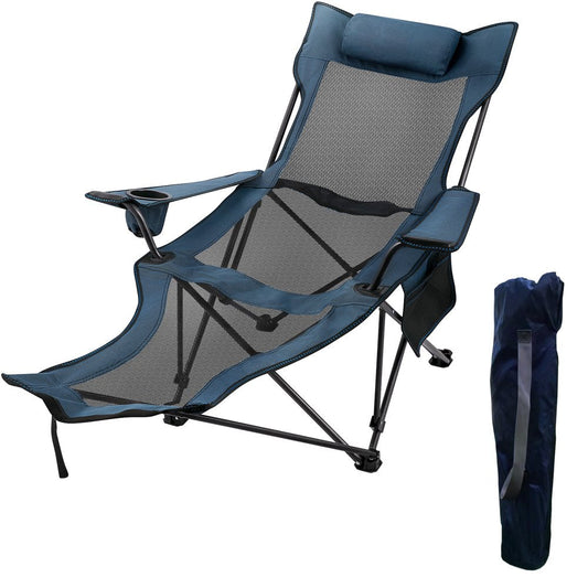 Vevorbrand 2 in 1 Folding Camping Chair Portable Adjustable Reclining Chair 330 Lbs Capacity W/ Footrest Mesh Lounge Chaise, Blue