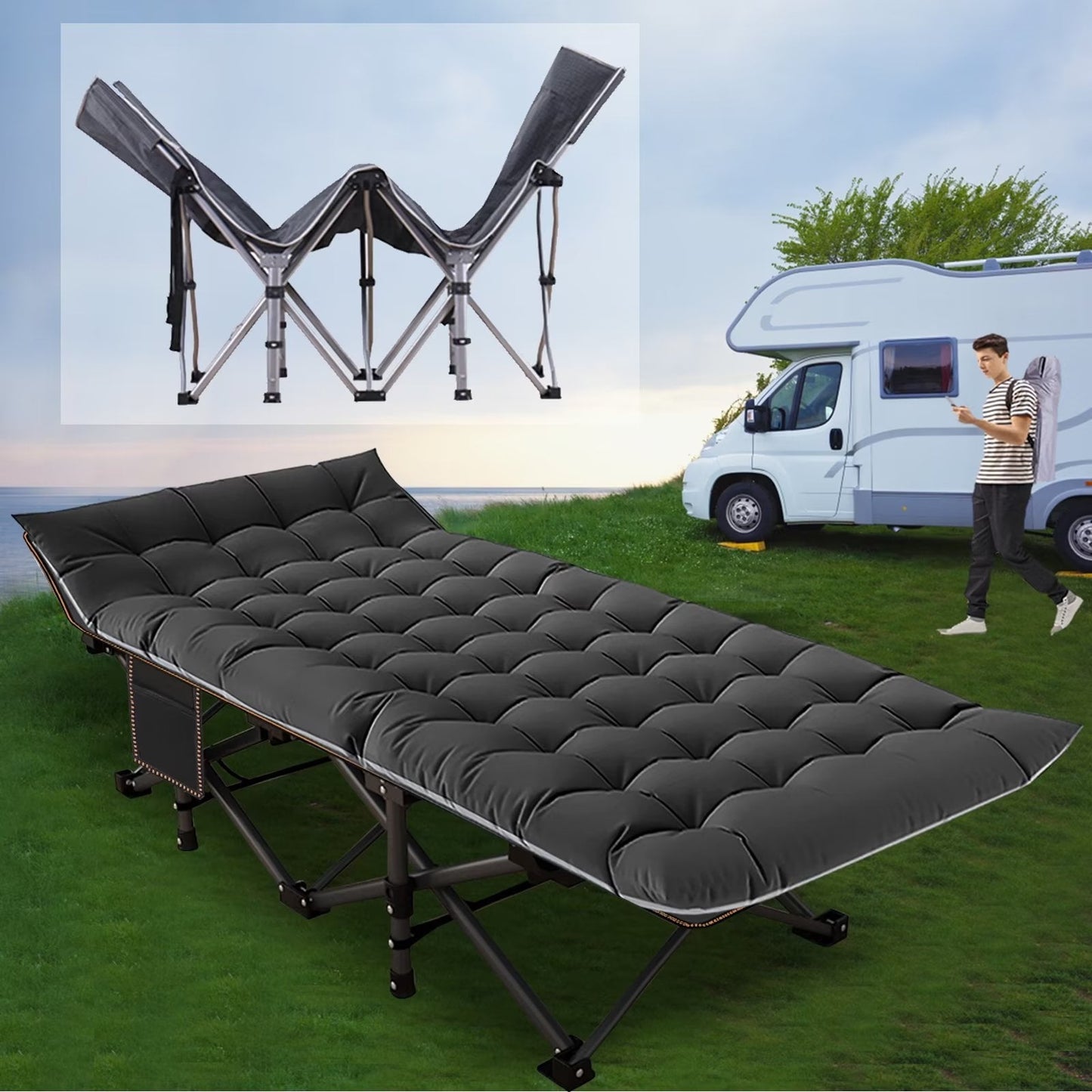 Lilypelle Folding Camping Cot with Thick Mattress, Double Layer Oxford Strong Heavy Duty Sleeping Cots with Carry Bag, Portable Travel Camp Cots for Home/Office Nap and Beach Vacation