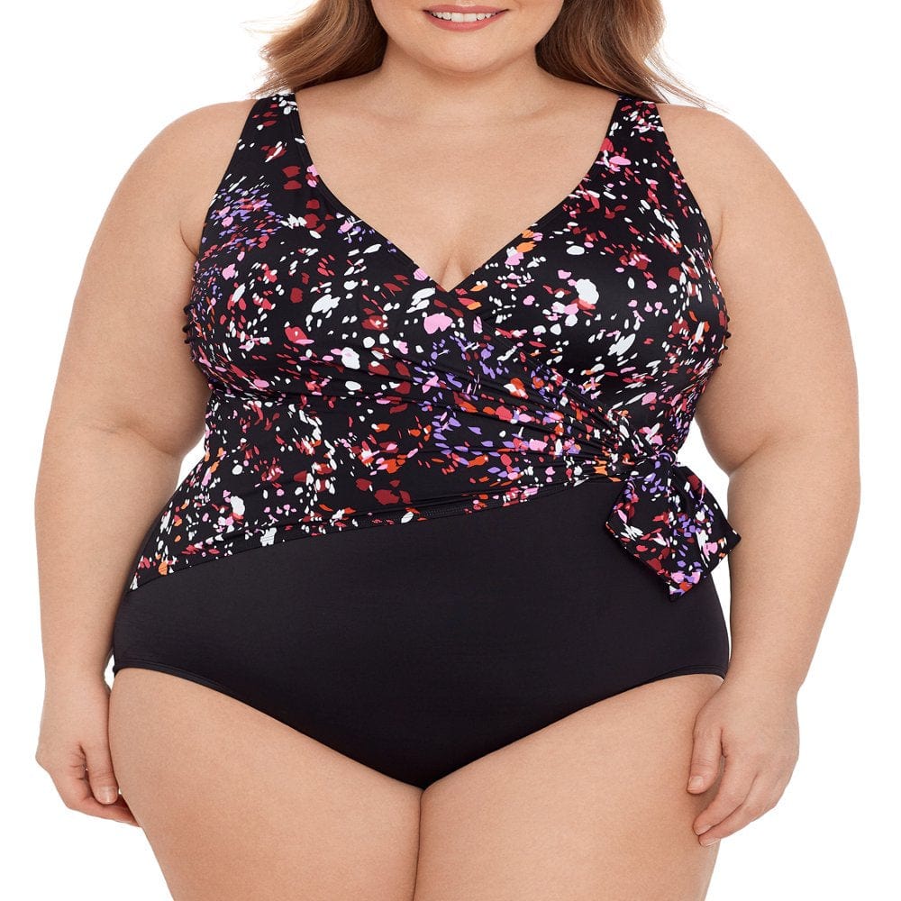 Embrace Your Curves Women'S and plus Celeste One Piece Faux Wrap Shoreline Stripe Swimsuit.