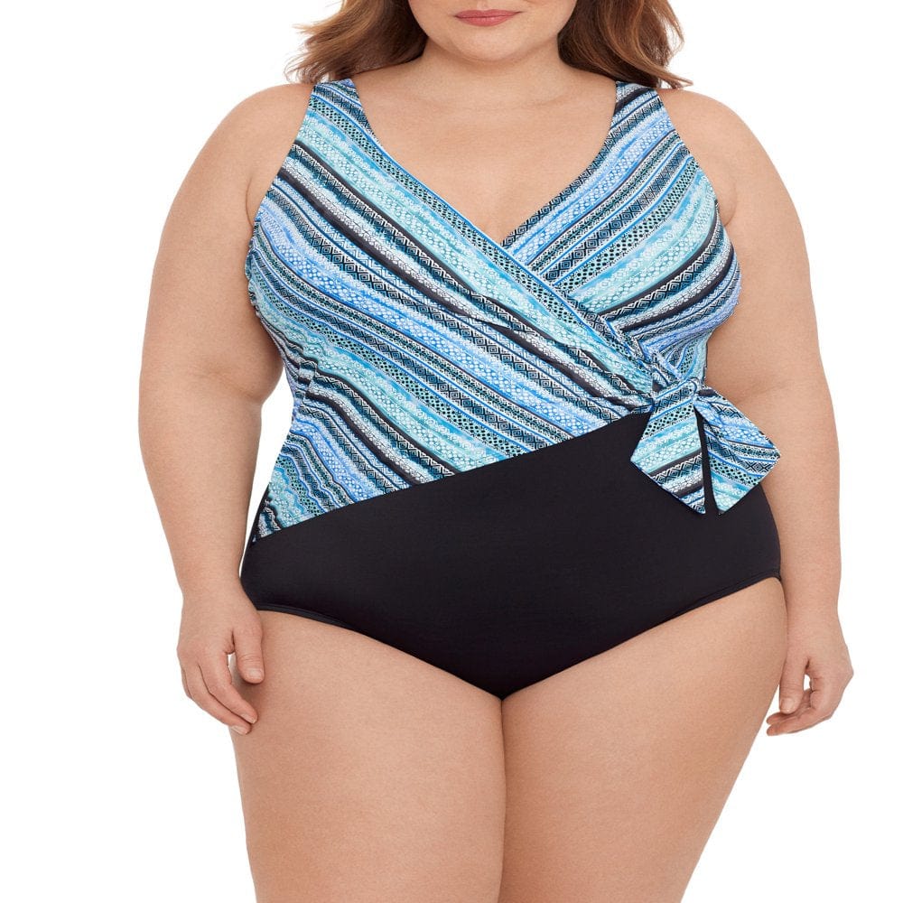 Embrace Your Curves Women'S and plus Celeste One Piece Faux Wrap Shoreline Stripe Swimsuit.