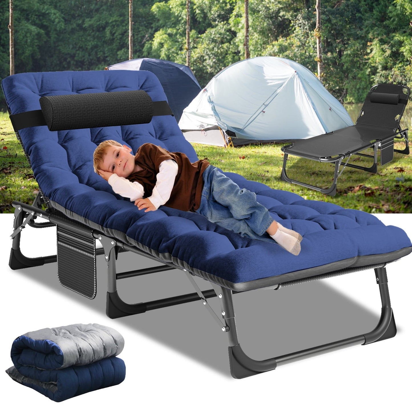 Lilypelle Portable Folding Camping Cot Bed, Lounge Chair for Pool, Beach, Patio Adjustable 4-Position Adults Reclining Folding Chaise with Pillow