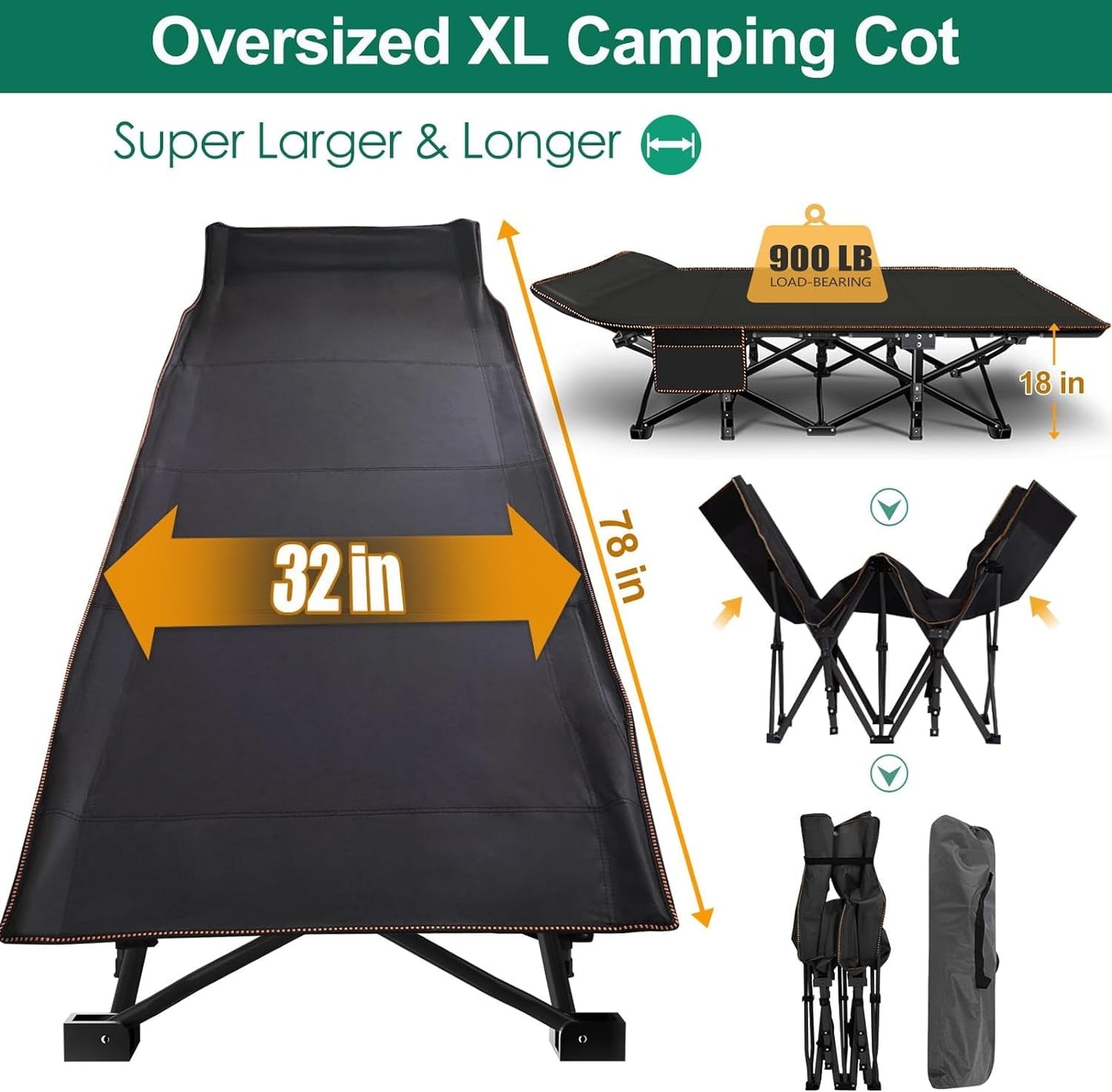 Slsy 2 Packs Oversized XXL Folding Camping Cot with 2-Sided Mattress, 32'' Wide XXL Portable Folding Cots for Adults, Folding Cot Bed for Sleeping, Supports 900 lbs