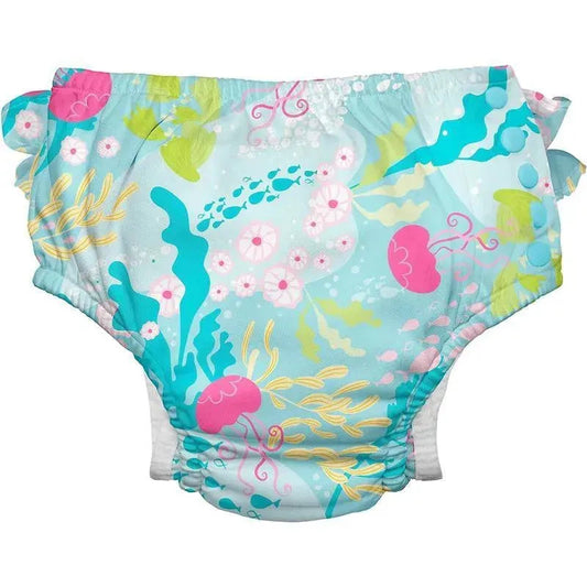 Green Sprouts - Reusable Eco Snap Ruffled Swim Diaper, Aqua Coral Reef