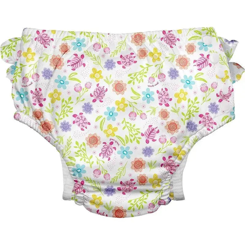 Green Sprouts - Reusable Eco Snap Ruffled Swim Diaper, White Turtle Floral