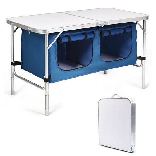 Gymax Folding Camping Table Aluminum Height Adjustable W/ Storage Organizer Dark Blue