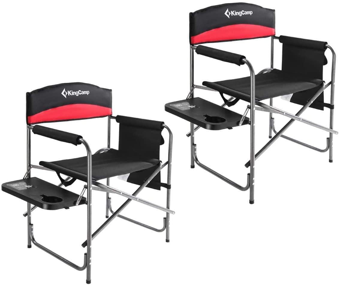 Kingcamp Folding Camping Chair Heavy Duty Director Chair with Side Table and Side Pockets, Red