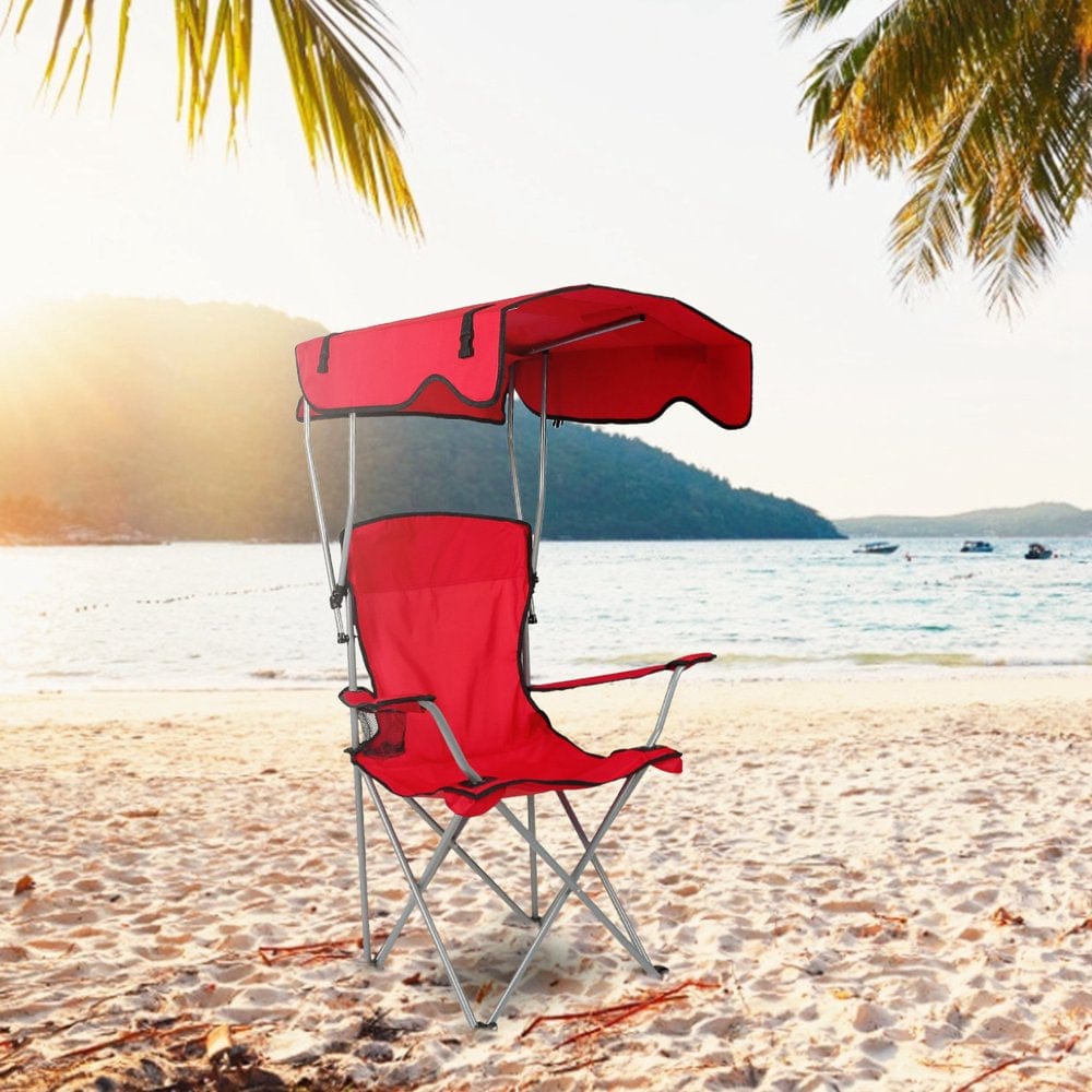 Lakeforest Canopy Chair Sun Protection Camping Lawn Canopy Foldable Chair 330LBS Load Folding Seat with Cup Holder for Beach Poolside Travel Picnic Red