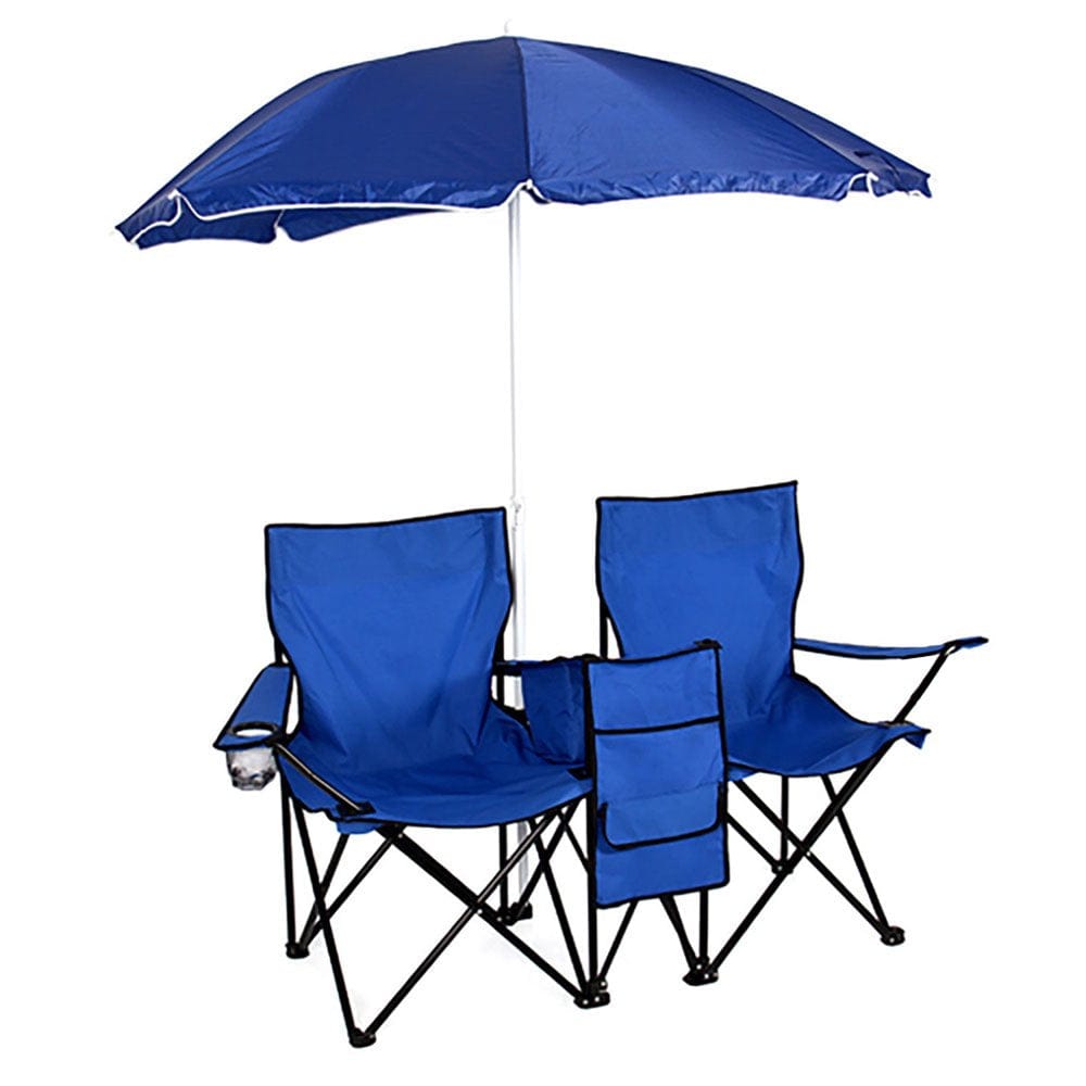 LHCFS Corp Portable Folding Picnic Double Chair W/Umbrella Table Cooler，Anti-Uv Beach Camping Chair，Fishing Leisure Lounge Chair, Blue