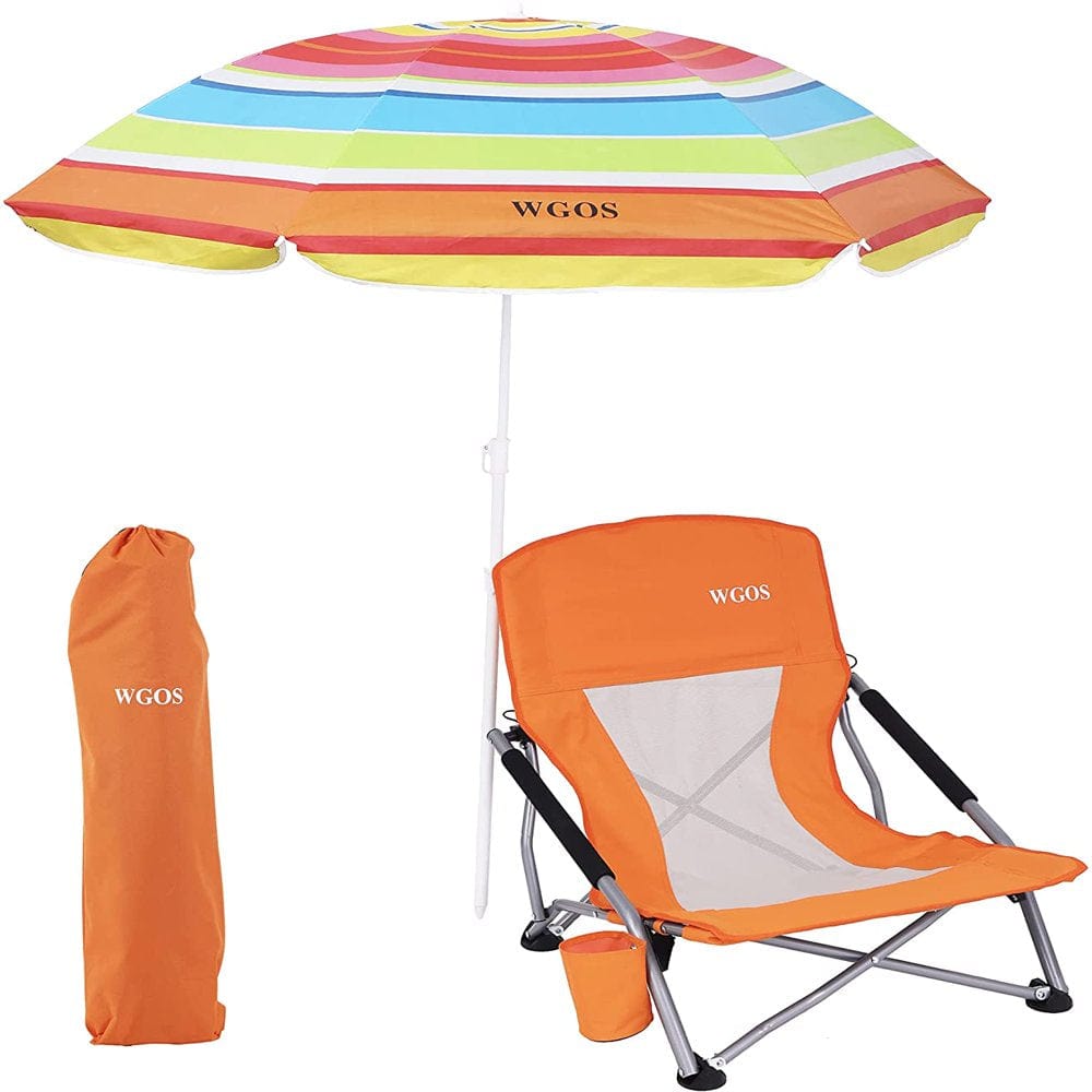 Low Beach Folding Camping Chair with Detachable SPF 50+ Umbrella, Armrests and Cup Holder, Portable Lightweight Sand Chair for Outdoor Camping, Beach, Picnic (1-Pack Orange)