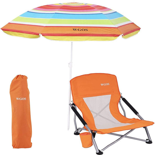 Low Beach Folding Camping Chair with Detachable SPF 50+ Umbrella, Armrests and Cup Holder, Portable Lightweight Sand Chair for Outdoor Camping, Beach, Picnic (1-Pack Orange)