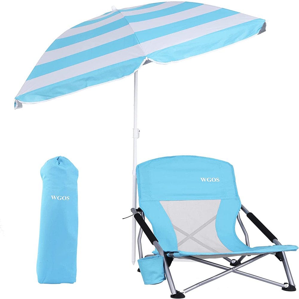 Low Beach Folding Camping Chair with Detachable SPF 50+ Umbrella, Armrests and Cup Holder, Portable Lightweight Sand Chair for Outdoor Camping, Beach, Picnic (1-Pack Orange)