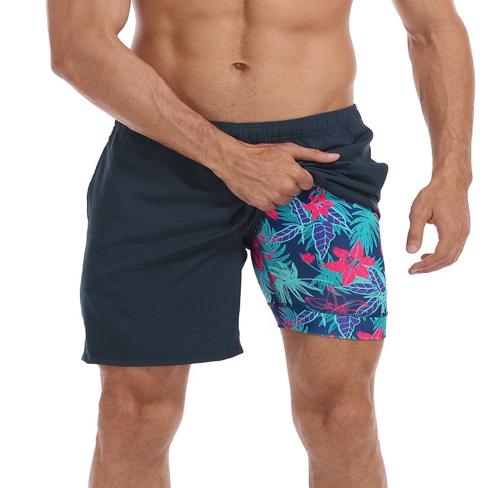 LRD Men'S Swim Trunks with Compression Liner 7 Inch Inseam Black / Gray L
