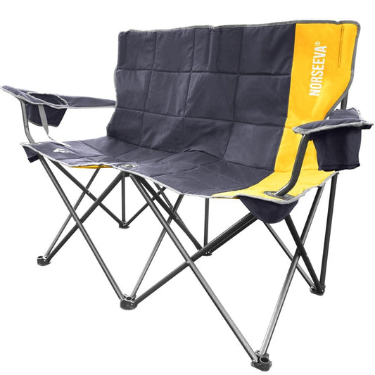 NORSEEVA Heavy Duty Loveseat Double Camping Chair - Two Person Outdoor Folding Chairs with Bottle Opener for Camping, Beach, Adults, and Kids. Padded Wide Camp Couch (Sunrise and Charcoal)